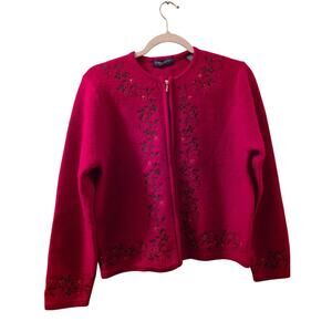 Vtg 100% Wool Floral Embroidered Zip Up Cardigan Sweater Size PM Karen Scott